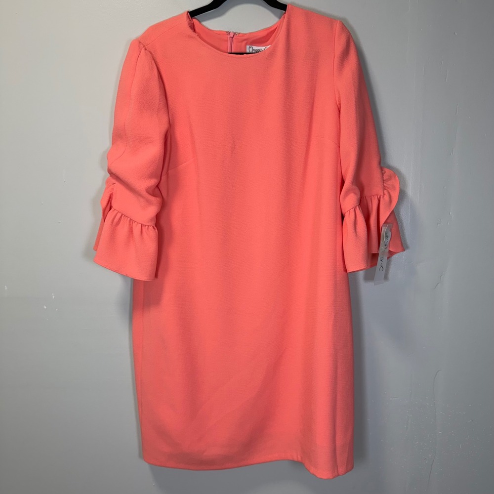 Maggy L Coral Ruffle Bell Sleeve Shift Dress Size 16 NWT